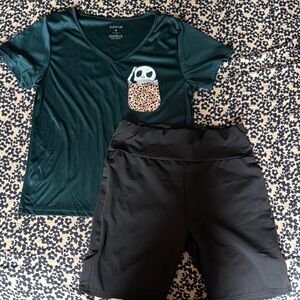 SHEIN Dark Green Tee with Leopard Pocket and Black Shorts set